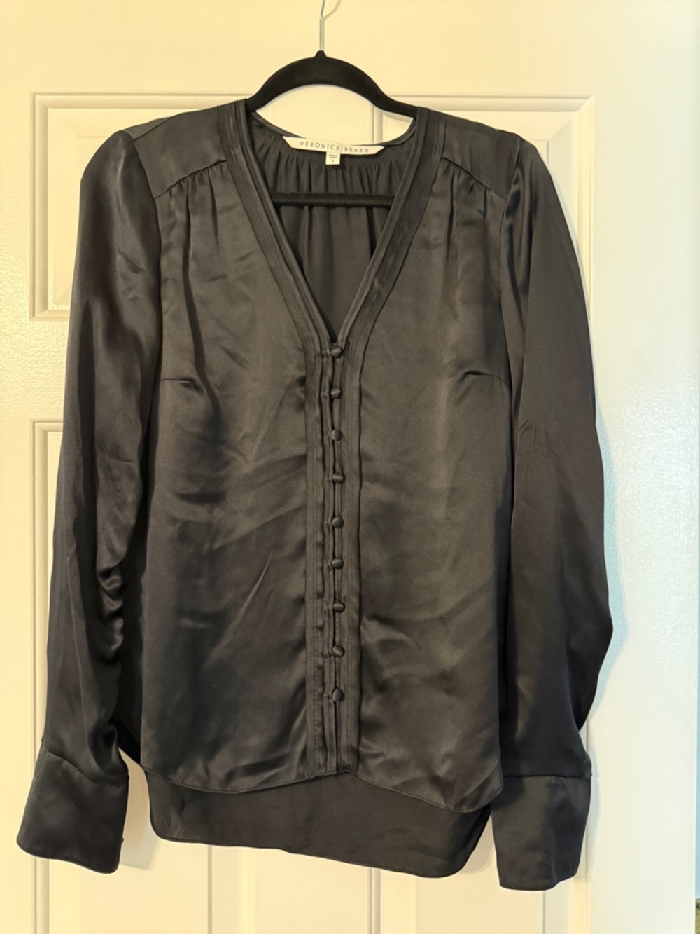 Veronica Beard Black Satin V-Neck Button-Front Blouse